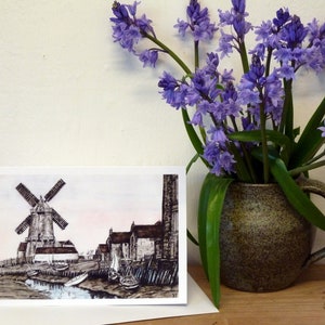 Cley-next-the-sea "Alte Windmühle" - Hochwertige personalisierte Giclee Karten eines Original Aquarell gemäldes von Karin Hocher