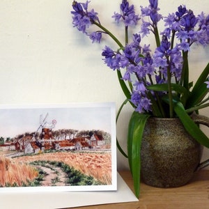 Cley Windmühle Norfolk - Qualitäts-Giclee Personalisierte Grußkarte eines Original Aquarell gemäldes von Karin Hocher