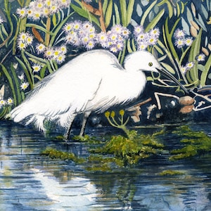 Zilverreiger bij Cley-next-the Sea - Norfolk - Kwaliteit Giclée Prints en gepersonaliseerde kaarten van een origineel aquarel schilderij door Karin Hocher