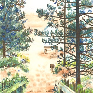 Path to Wells Beach, Norfolk - Hochwertige Giclee Prints und personalisierte Karten eines Original Aquarell gemäldes von Karin Hocher