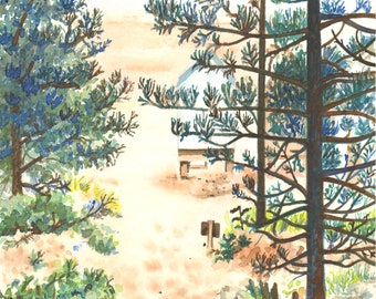 Path to Wells beach, Norfolk - Quality Giclee Prints and Personalised Cards of an Original Watercolour painting by Karin Hocher