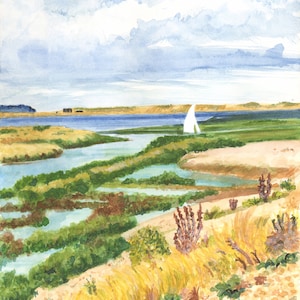 Blakeney Marshes - Hochwertige Giclée Drucke und personalisierte Karten eines Original Aquarells von Karin Hocher