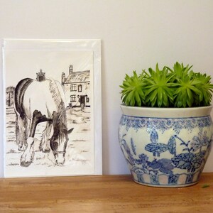 Piebald Cob Horse "Shiloh" at Cley-next-the Sea, Norfolk - Grußkarten von Original Pen & Ink von Karin Hocher
