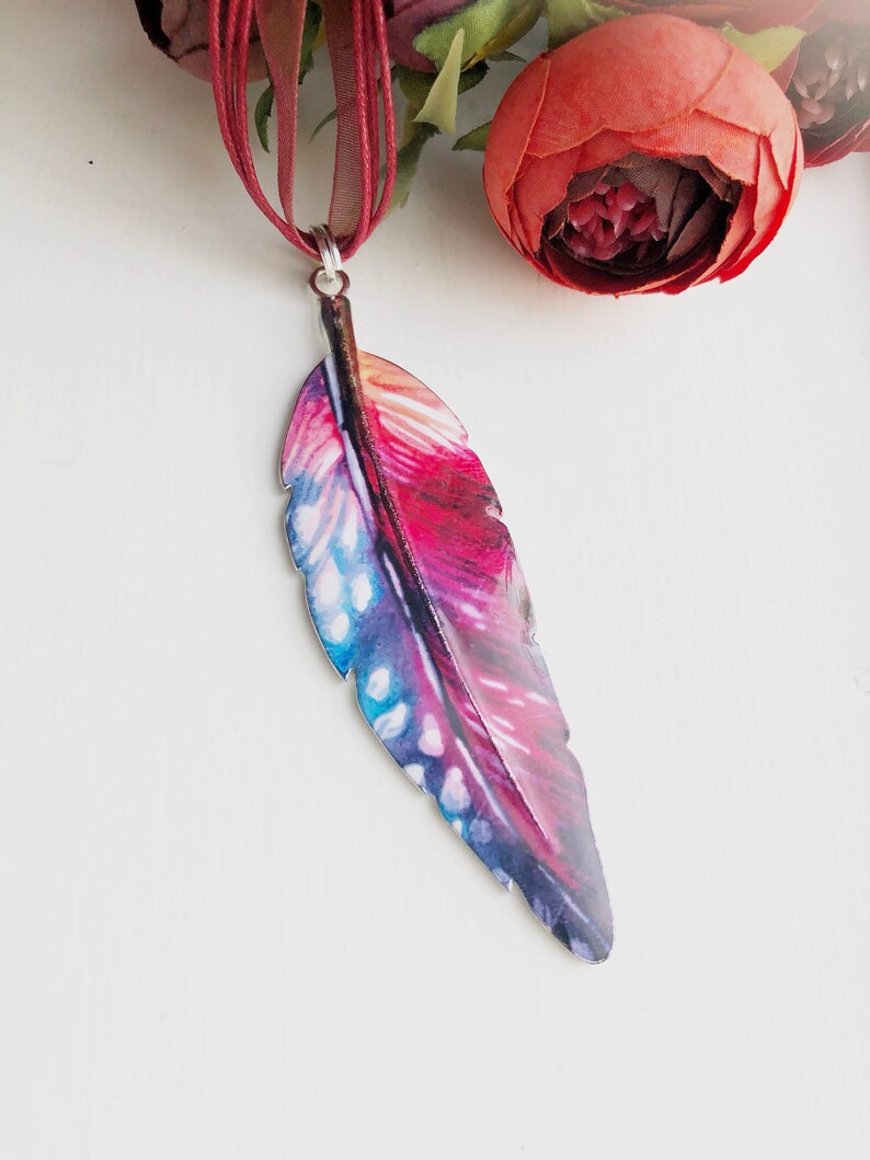 Blue and Pink tones silver hand painted feather necklace with free mini gift Large Red