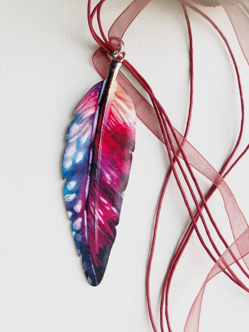 Blue and Pink tones silver hand painted feather necklace with free mini gift Large Red