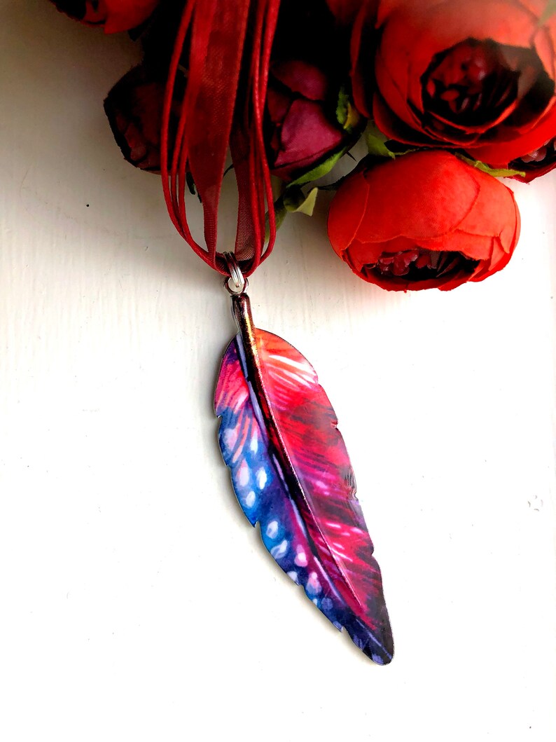 Blue and Pink tones silver hand painted feather necklace with free mini gift Large Red