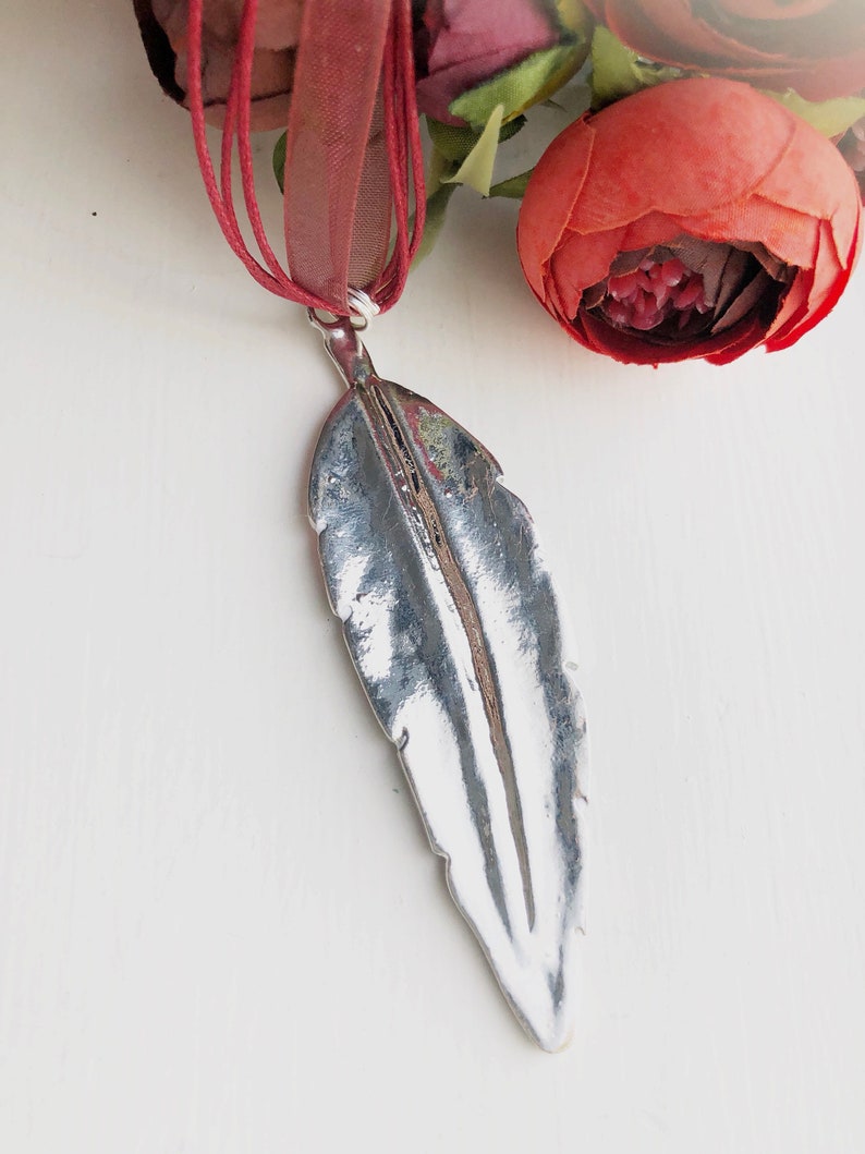 Blue and Pink tones silver hand painted feather necklace with free mini gift Large Red