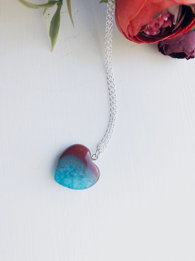 Druzy necklace Love Heart charm Druzy charm Heart pendant Red and Blue Agate Heart Crystal Necklace Heart crystal Carved crystal