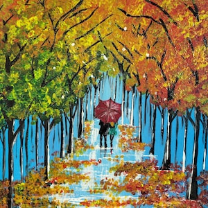 Tableau peinture acrylique vernis sur carton entoilé couple en forêt en automne