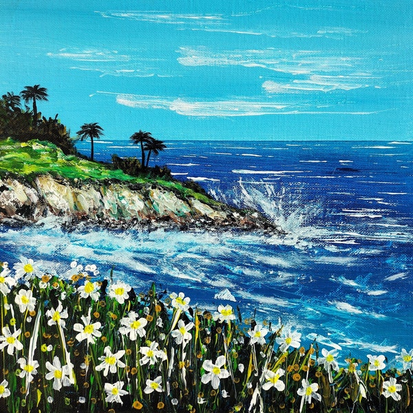 Tableau peinture acrylique vernis sur carton entoilé d'un paysage océan plage fleurs