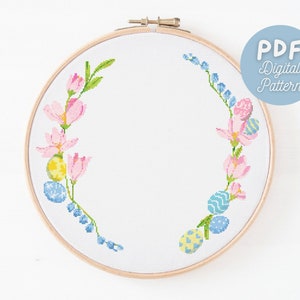 Easter Flower Border Cross Stitch Pattern, Easter Flower Wreath Modern Cross Stitch Chart, Instant Download PDF Pattern, DIY Easter Gift