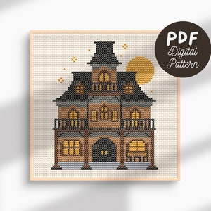Halloween Cross Stitch Pattern | Horror Cross Stitch | Gothic Mansion | Beginner Friendly | Digital Download PDF