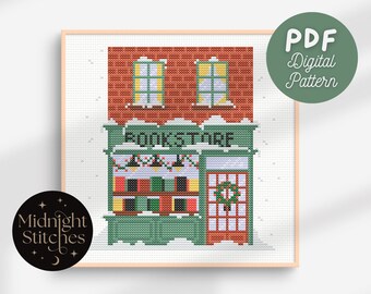 Winter Bookstore Cross Stitch Pattern: Christmas Cozy Scene (PDF Pattern)