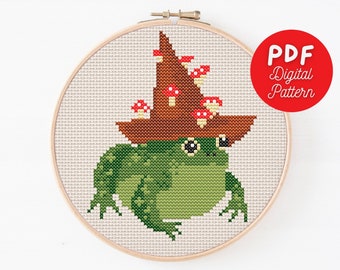 Frog Cross Stitch Pattern | Modern Cross Stitch | Cute Frog In A Mushroom Hat Stitch Pattern | Instant Download PDF Pattern