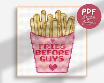 Può includere: Schema a punto croce di un contenitore rosa con patatine fritte dorate. Il contenitore ha il testo "FRIES BEFORE GUYS" in rosso, con un cuore. Una grafica circolare in alto a destra recita "PDF Digital Pattern".