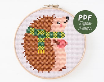 Cosy Winter Hedgehog Cute Cross Stitch Pattern, Modern Cross Stitch PDF Digital Pattern, Beginner Friendly, Cross Stitch Chart, DIY Gift