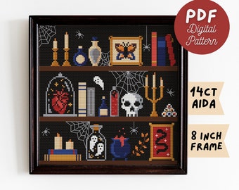 Witch's Bookshelf Cross Stitch Pattern: Gothic Books, Potions Needlepoint Chart (Digital Download PDF)