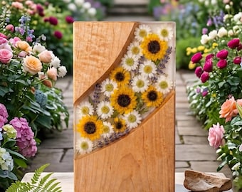 Caja de resina floral con diseño digital – Diseño de recuerdo conmemorativo de madera – Homenaje de resina epoxi con girasoles y margaritas
