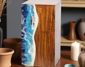 Rosewood Ocean Resin Epoxy Wooden Urn Box, Handcrafted Memorial Keepsake, Urns