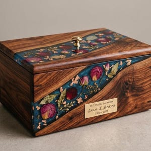 Urna de madera artesanal con incrustaciones florales de resina verde azulado – Urna de recuerdo (23 x 18 x 13 cm) imagen 10