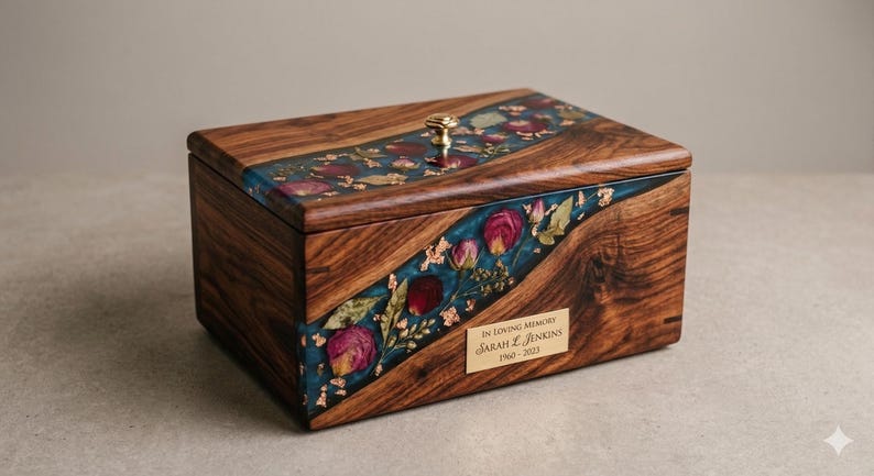 Urna de madera artesanal con incrustaciones florales de resina verde azulado – Urna de recuerdo (23 x 18 x 13 cm) imagen 10