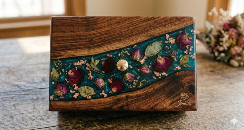 You said
Describe this image in less word

Gemini said
A dark wood box with a wavy teal resin inlay containing dried purple roses, green leaves, and gold flakes. The lower corner features an engraved rose logo and the name "Jenkins."