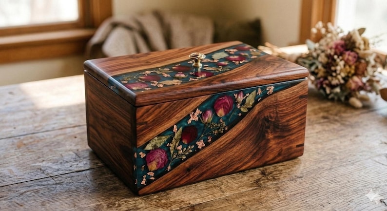 Puede incluir: Caja de madera con acabado oscuro, con incrustaciones decorativas de flores secas y resina color turquesa. La caja tiene un pomo dorado y est&aacute; colocada sobre una superficie de madera. Un ramo de flores secas est&aacute; en el fondo.