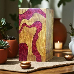 Handmade Rosewood Keepsake Urn Box: Red Resin Inlay