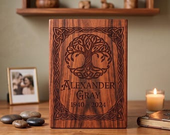 Urna de madera con el Árbol de la Vida Celta, recipiente personalizado para cenizas conmemorativas.