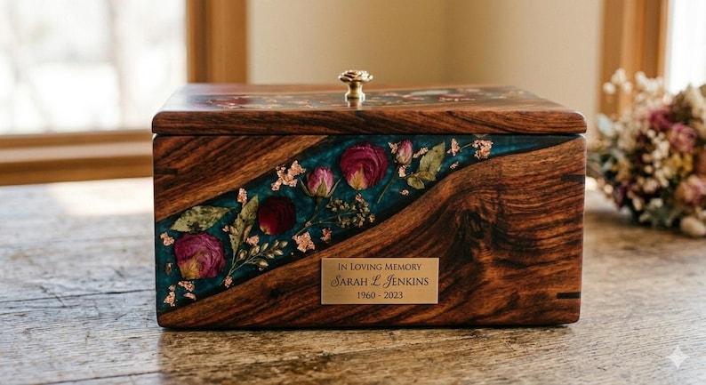 Puede incluir: Urna de madera con pomo de lat&oacute;n e incrustaciones de resina turquesa. La incrustaci&oacute;n presenta flores secas y hojuelas doradas. Una placa de lat&oacute;n dice "In Loving Memory Sarah L. Jenkins 1960-2023".
