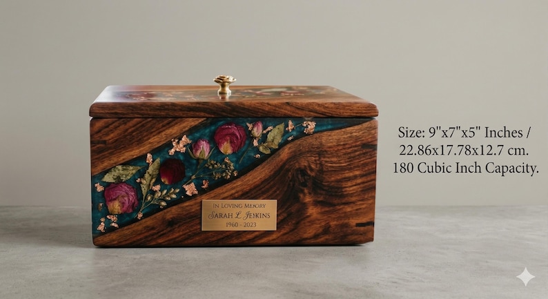 Urna de madera artesanal con incrustaciones florales de resina verde azulado – Urna de recuerdo (23 x 18 x 13 cm) imagen 6