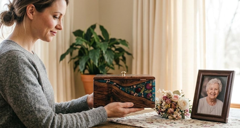 Puede incluir: Una mujer sostiene una caja de recuerdos de madera con una incrustaci&oacute;n de resina floral y turquesa. La caja tiene un cierre dorado. Un retrato enmarcado y un ramo de flores est&aacute;n sobre una mesa cercana.