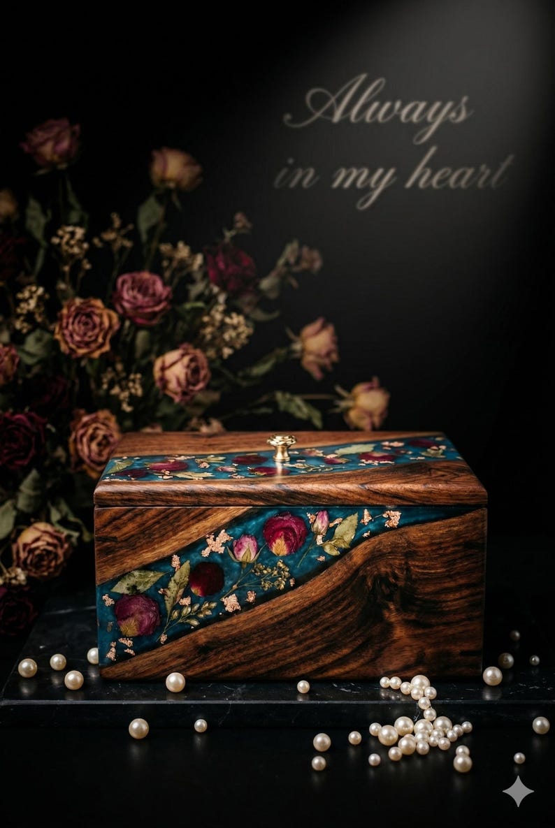 Urna de madera artesanal con incrustaciones florales de resina verde azulado – Urna de recuerdo (23 x 18 x 13 cm) imagen 2