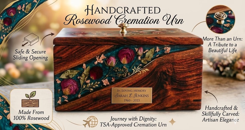Puede incluir: Urna de cremaci&oacute;n de palisandro hecha a mano con apertura deslizante. La caja de madera presenta una incrustaci&oacute;n decorativa de color turquesa con flores secas y una placa de lat&oacute;n. La urna est&aacute; aprobada por la TSA y es de palisandro.