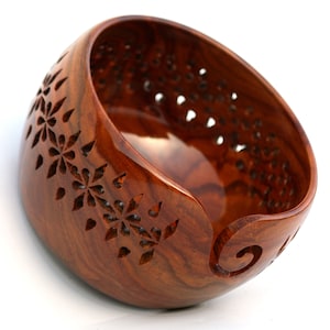 Carved Wooden Yarn Bowl: Flower Design Knitting Crochet Bowl
