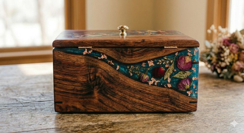 A handcrafted wooden keepsake box featuring a wavy teal resin inlay embedded with dried pink roses, botanical sprigs, and gold leaf flakes. The box has a polished natural grain, a hinged lid, and a decorative gold knob.