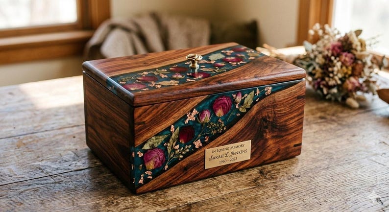 A decorative, live-edge wood and floral resin storage box is centered on a rustic wooden table.