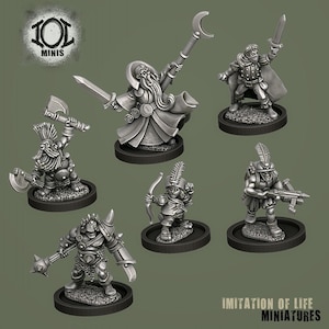 Op de afbeelding: Een verzameling zilverkleurige miniatuur fantasyfiguren in verschillende poses. De figuren omvatten een tovenaar, een krijger, een boogschutter en andere personages, elk op een zwarte basis. Het logo "LOL MINIS" is zichtbaar.
