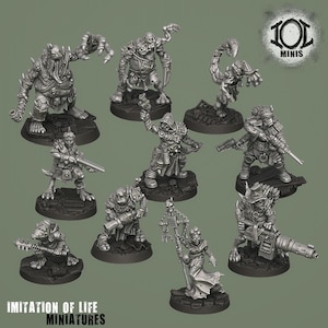 Op de afbeelding: Een verzameling miniatuurfiguren in verschillende poses, met gedetailleerde bepantsering en wapens. De figuren zijn overwegend grijs, met ingewikkelde ontwerpen en texturen. De basis van elke figuur is donker en cirkelvormig. De tekst "IMITATION OF LIFE MINIATURES" staat onderaan.