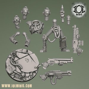 May include: A collection of gray miniature figurines, including various heads, a helmet, arms, legs, weapons, and a circular base with a skull. The figurines have a mechanical or futuristic aesthetic. The website address www.iolminis.com is visible.