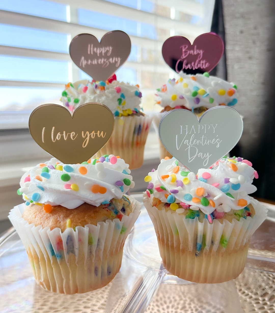 Mirrored Acrylic Toppers Heart Shaped Cupcake Toppers Food Label Picks