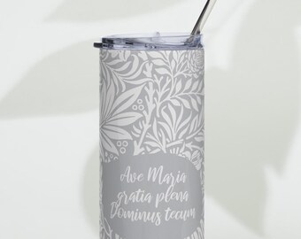 Ave Maria Catholic Tumbler, Floral Stainless Steel Travel Mug