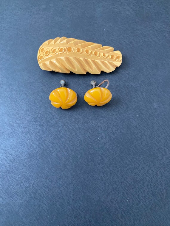 Carved Bakelite clip and carved earrings Beautiful