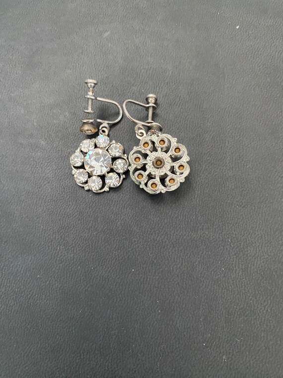 Boucles D'oreilles Vintage Argenté Avec Strass - Pendantes à 2 Rangs, Fermoir Clip - Occasion