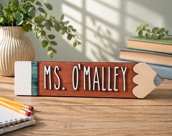 Personalized Teacher Pencil Sign | Custom Name Classroom Decor, Laser Cut Maple Wood
