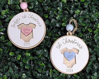 Personalized Baby’s First Christmas Ornament, Engraved Wood Keepsake With Name and Year