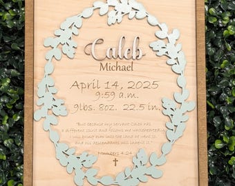 Personalized Maple Wood Christian Baby Gift, Custom Name Birth Stats Sign, Religious Nursery Decor