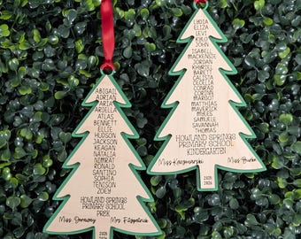 Personalized Wooden Teacher Ornament, Custom Classroom Christmas Gift, Student Names Engraved Tree