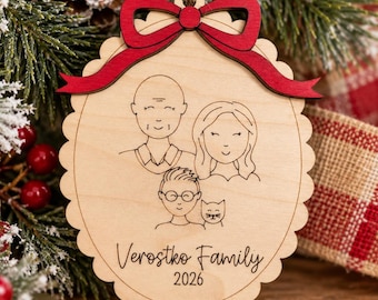 Custom Family Portrait Wood Ornament, Engraved Sketch Keepsake (2026)