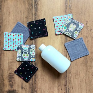 8 washable and reusable makeup remover pads with skull, dot and cross fabric, washable and reusable face pads, eco makeup remover pad